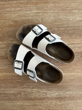 Birkenstock Women’s White Leather Arizon Double-Buckle Sandals